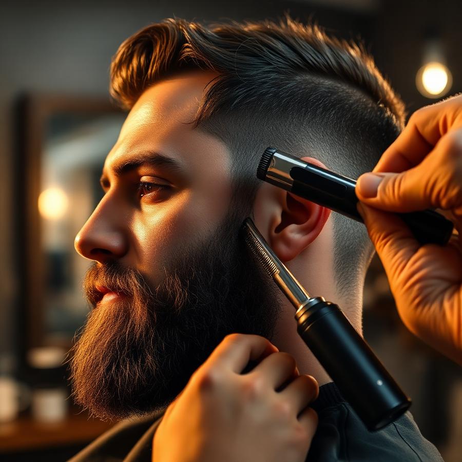 Barber trimming a client's full beard with clippers