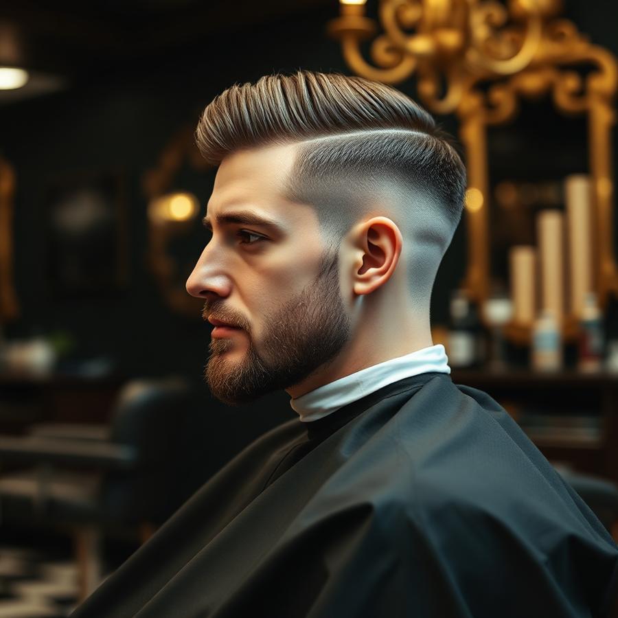 Classic side part men's haircut styled with pomade