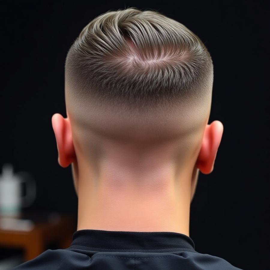 Fresh skin fade haircut with sharp taper, back view