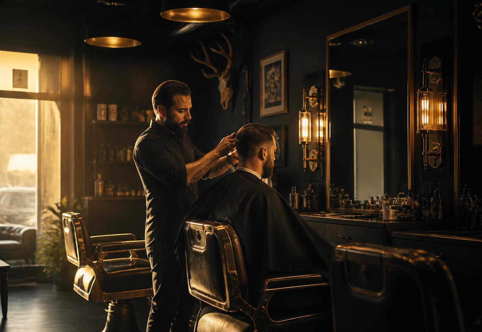 Barber giving a client a precision haircut inside The Groom Room Barbershop